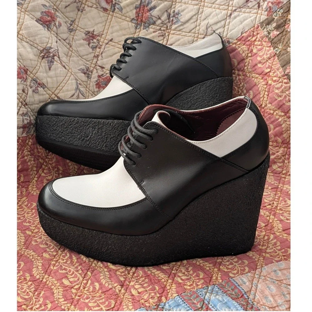 Celine Two Tone Platform Wedge Oxford Shoes Black White‎ Leather EU 36.5